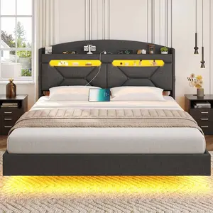 Sikaic LED Floating Bed Frame With Charging Station Hidden Storage Dark Grey Angersbed Furniture Headboard Modern Design Comfortable Home