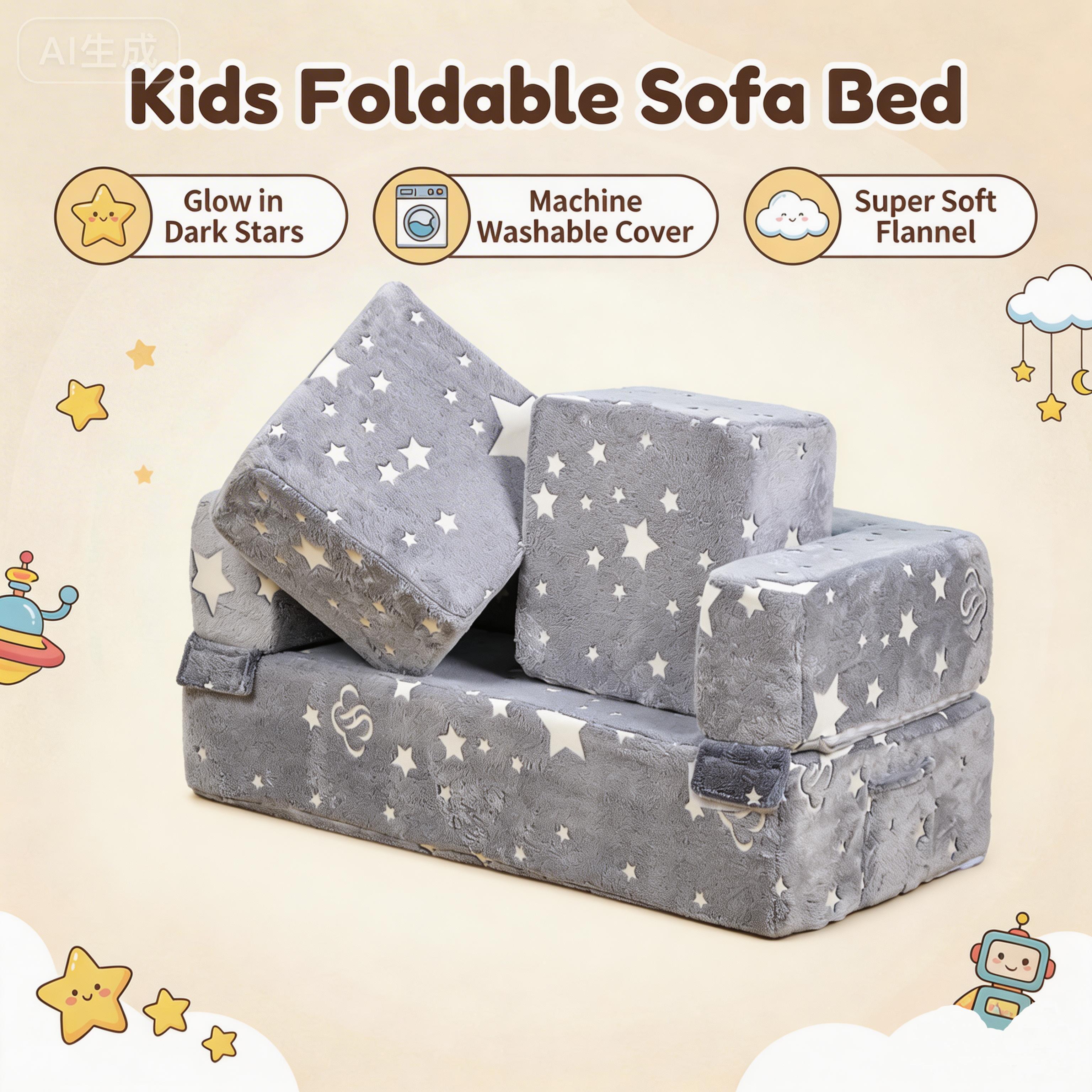 3-in-1 Kids Play Couch for Toddler, Imaginative Dark Gray Star