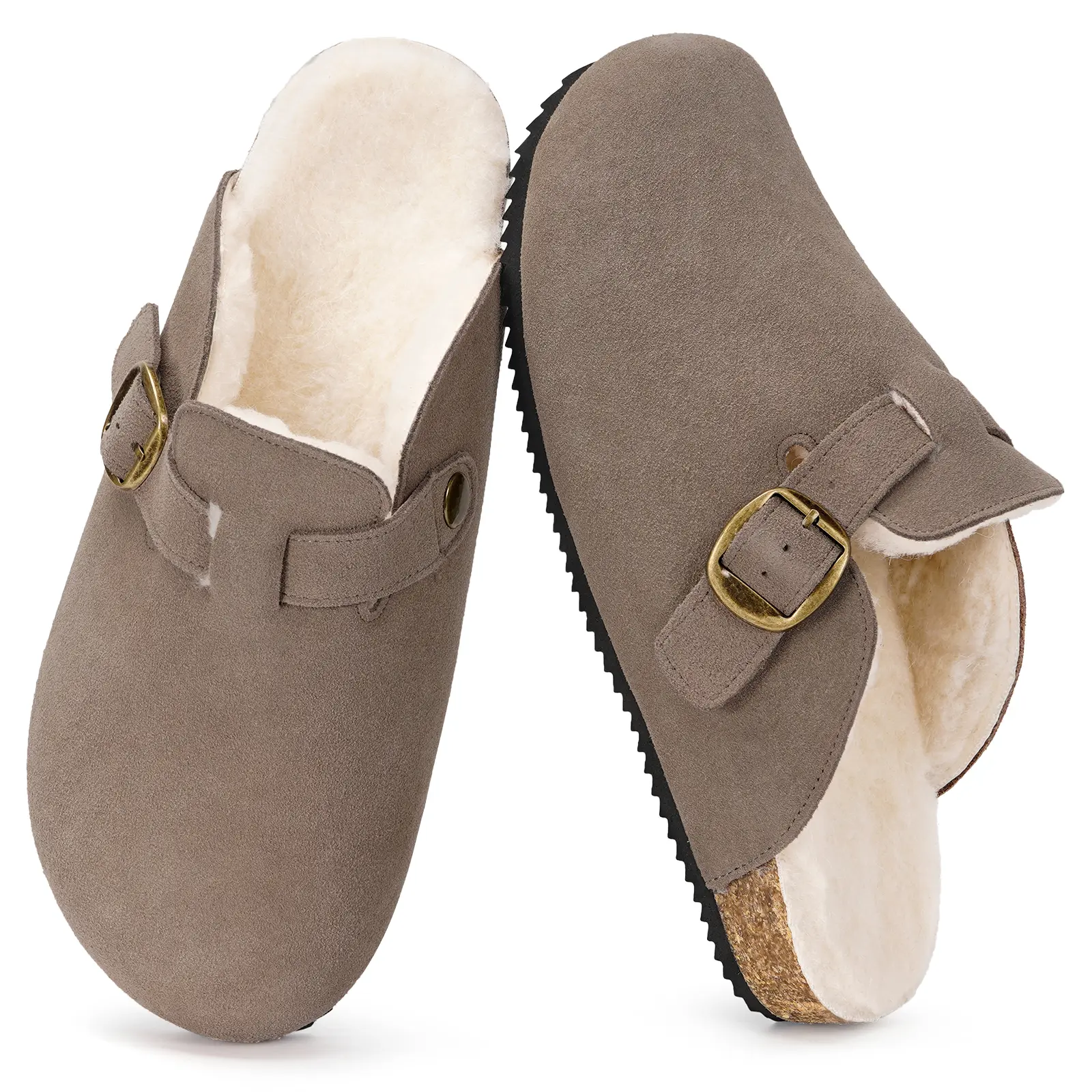 ​Fur Lined Suede Clogs for Women & Men, Fuzzy Leather Mules with Cork Footbed & Arch Support, Slip On Winter Potato Shoes​​