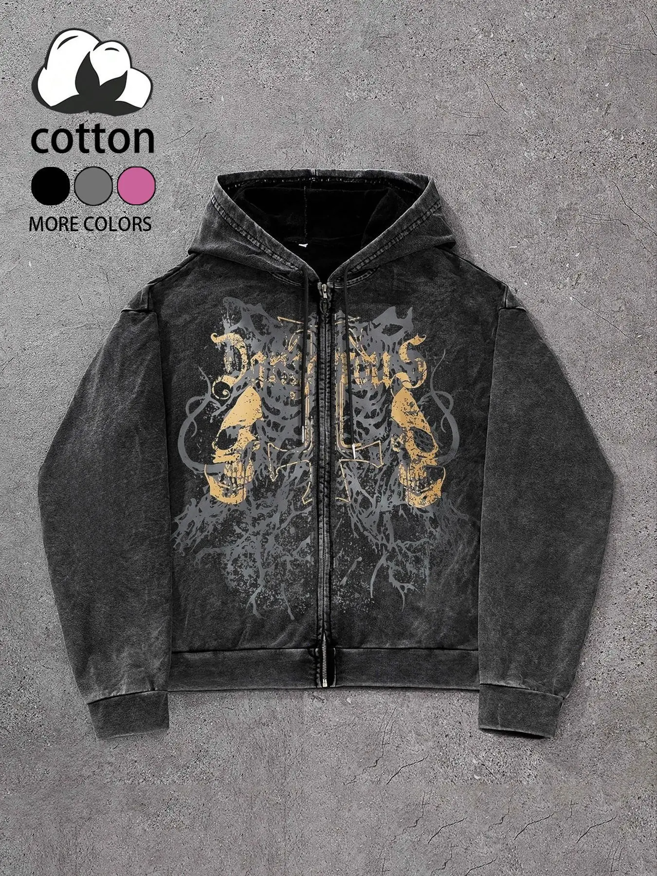 Gothic Style Dark Skull Print Hooded Sweatshirt, Vintage American Pattern, Long Loose Fit, Casual Streetwear, Fall & Winter, Unisex, Gothic Hoodie