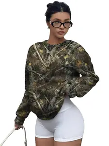 Women's Camo Print Drop ShoulderPulloverCasual Long Sleeve Round NeckSweatshirt forFall & Winter, Women's Clothes forDaily Wear Womenswear Hoodie Tops Camouflage Crewneck