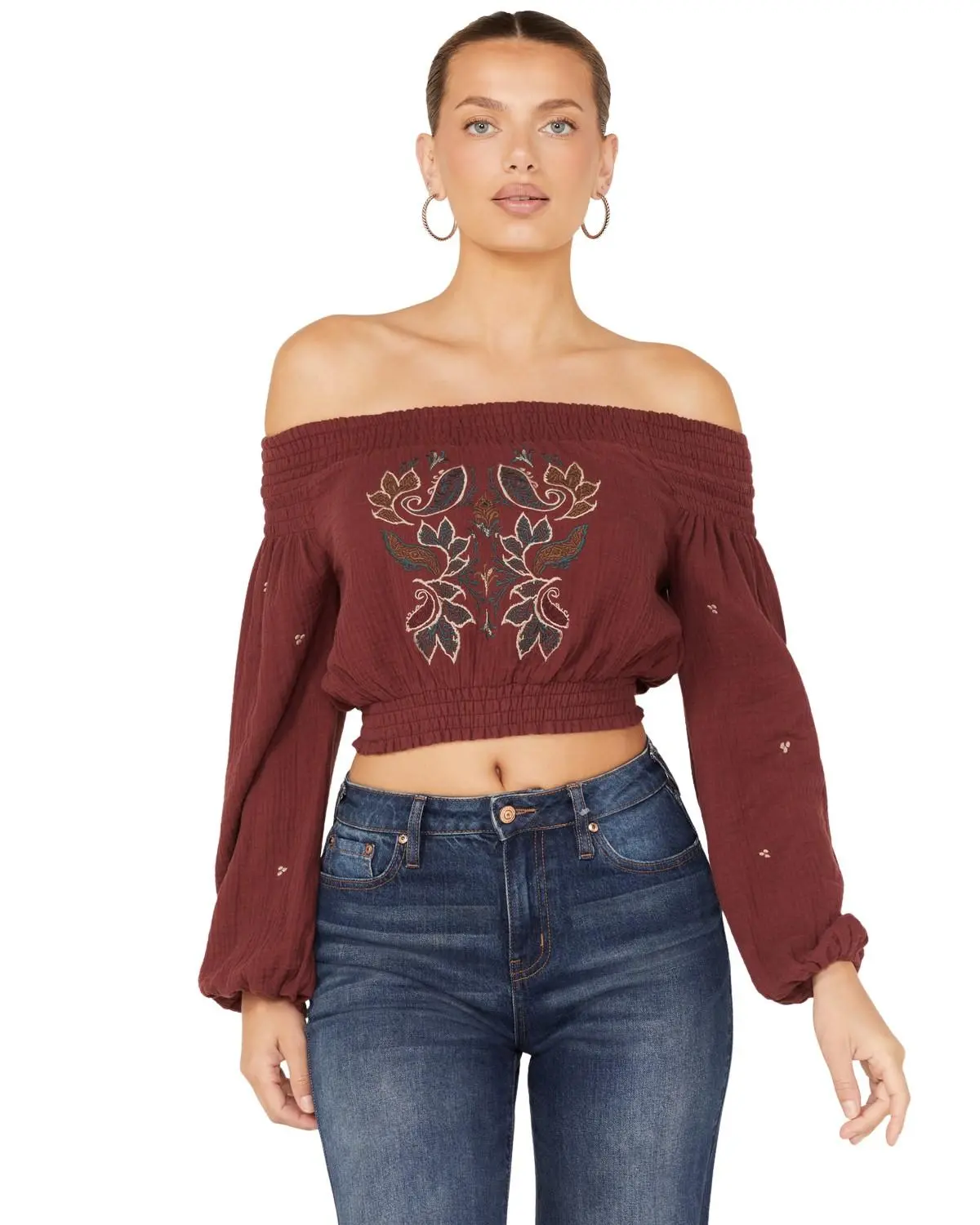 Shyanne Women's Off-Shoulder Embroidered Crop Top - Swfa22w51