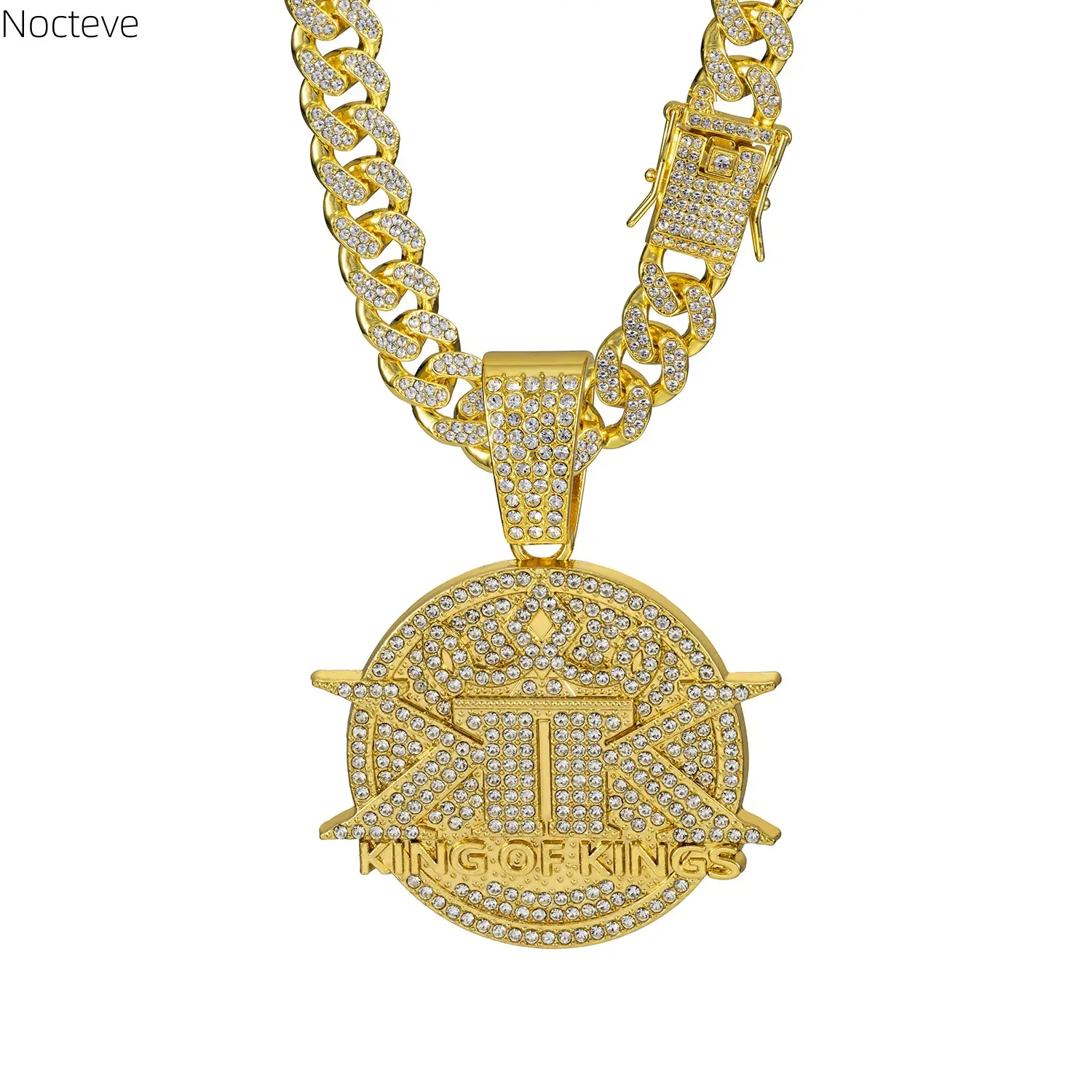 ull Rhinestone King of Kings Letter Pendant Cuban Chain Necklace, European American Hip Hop Long Jewelry for Men