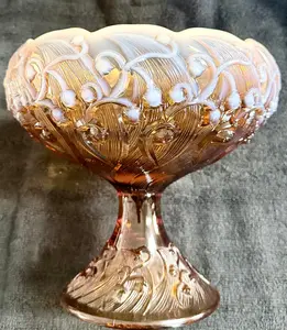 Fenton Lily of the Valley Cameo Opalescent Compote — Footed Bowl, American Art Glass