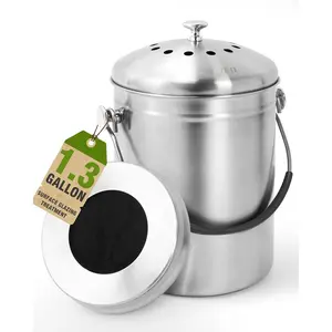 Countertop Kitchen Compost Bin with Lid and 2 Charcoal Filters for Odorless Composting Stainless Steel Composter with Soft-Grip Handle Silver 1.3 Gallon