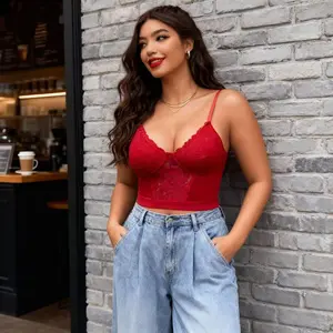 Plus Size Red Contrast Lace Bustier Cami Top - Sexy V-Neck Spaghetti Strap Crop Top for Women Trendy Lace-Detailed Lingerie-Inspired Top Fabric Fashion Fit Womenswear