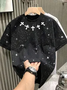 Summer Silver Cross Round Neck Short Sleeve T-Shirt, Casual Fitted Geometric Pattern, H Type Sihoutette, Regular Fit