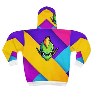 Cyberpunk Alien Zip Hoodie by Isaiah Shackelford, Unisex Outer Space Cartoon Sweatshirt, Sci-Fi Hooded Jacket, Unique Extraterrestrial