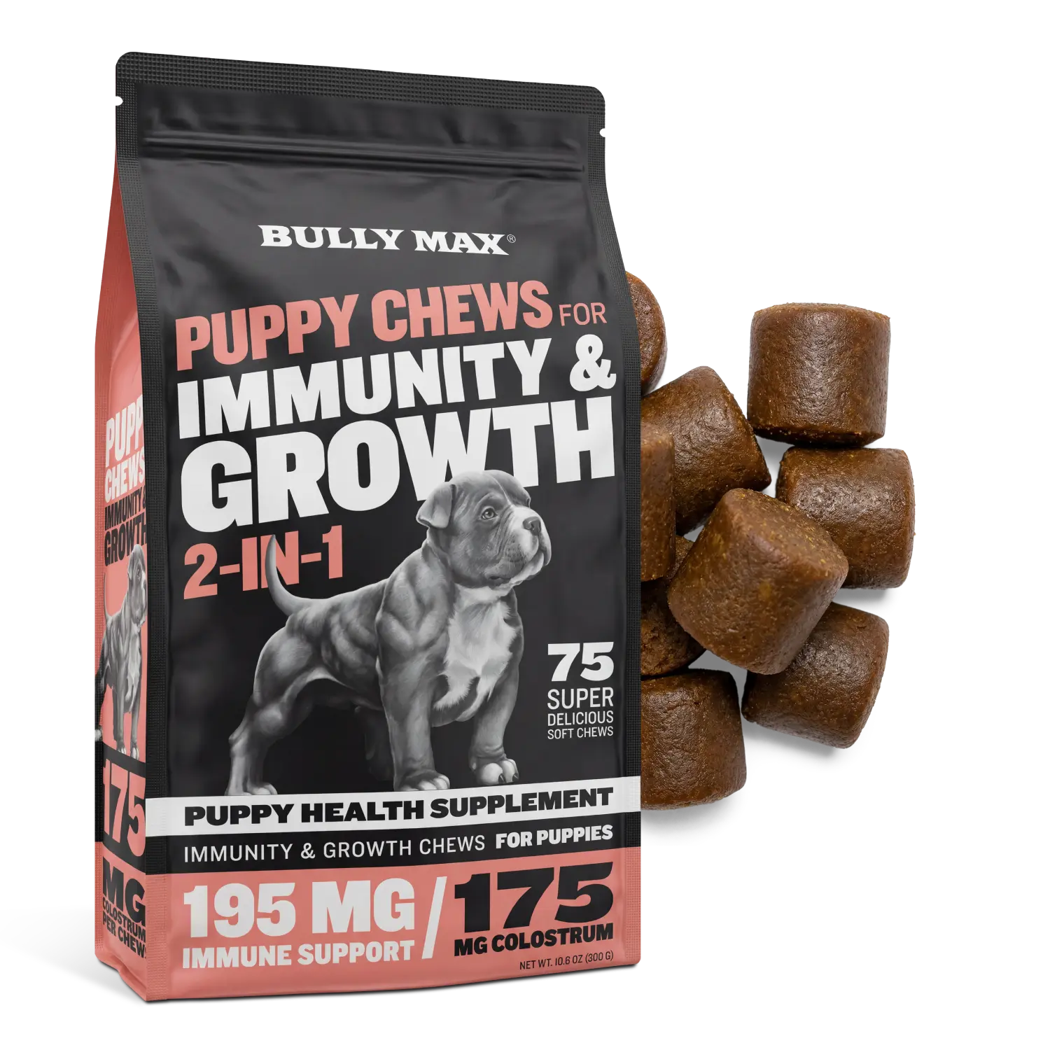Bully Max 2-in-1 Grain-Free Puppy Soft Chew Treats - Delicious Turkey Flavor Chewables, Natural Dog Supplement for Immunity Boost, Healthy Growth, Digestive Health, Muscle Support with Colostrum, Fur & Skin Care, Free from Artificial Colors (75 Chews)