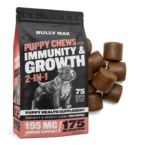Bully Max 2-in-1 Grain-Free Turkey Flavor Puppy Soft Treats - 75 Chews, 7–10.02 kcal/chew, 20lb Target, Natural Blend Daily Dog Supplement for Immunity, Growth, Digestion, Muscle Support (Colostrum, Fur & Skin Care, No Artificial Colors)