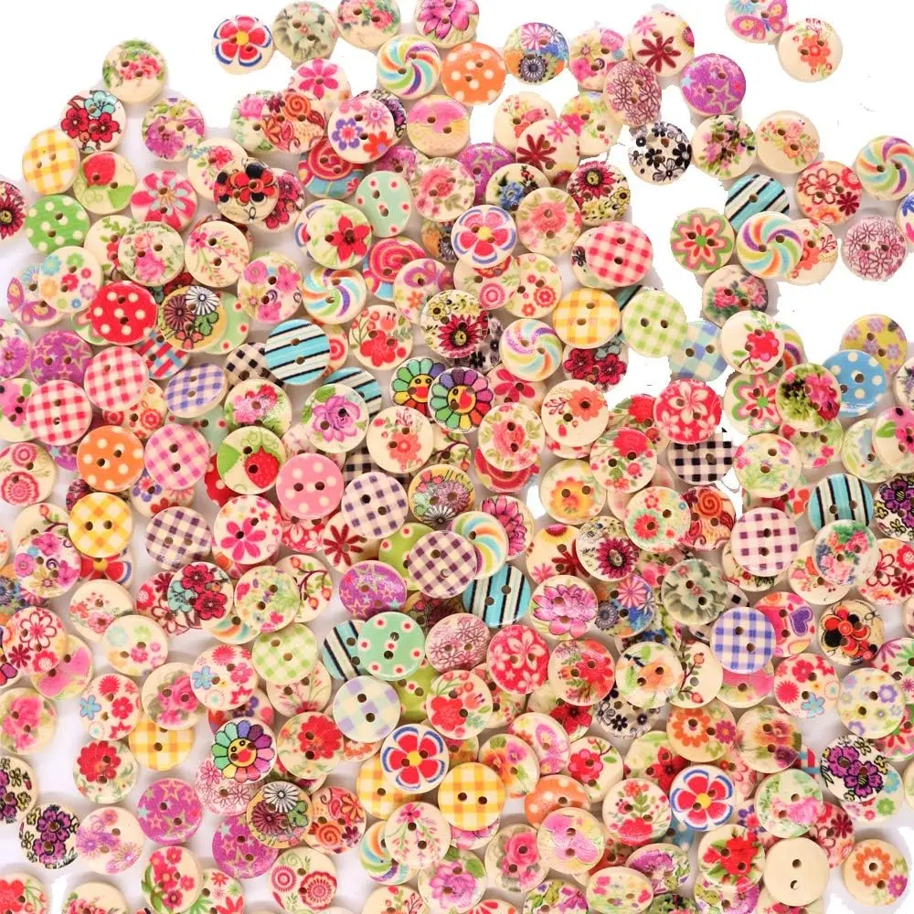 200 count 15mm Mixed Color Design Wooden Buttons in Bulk for Crafts Scrapbooking or Sewing and DIY Craft
