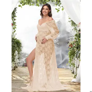 For Gown Shoulder Off Neck - Slit High Sleeve Maternity Lace Lantern Photography Dress V - Photoshoot