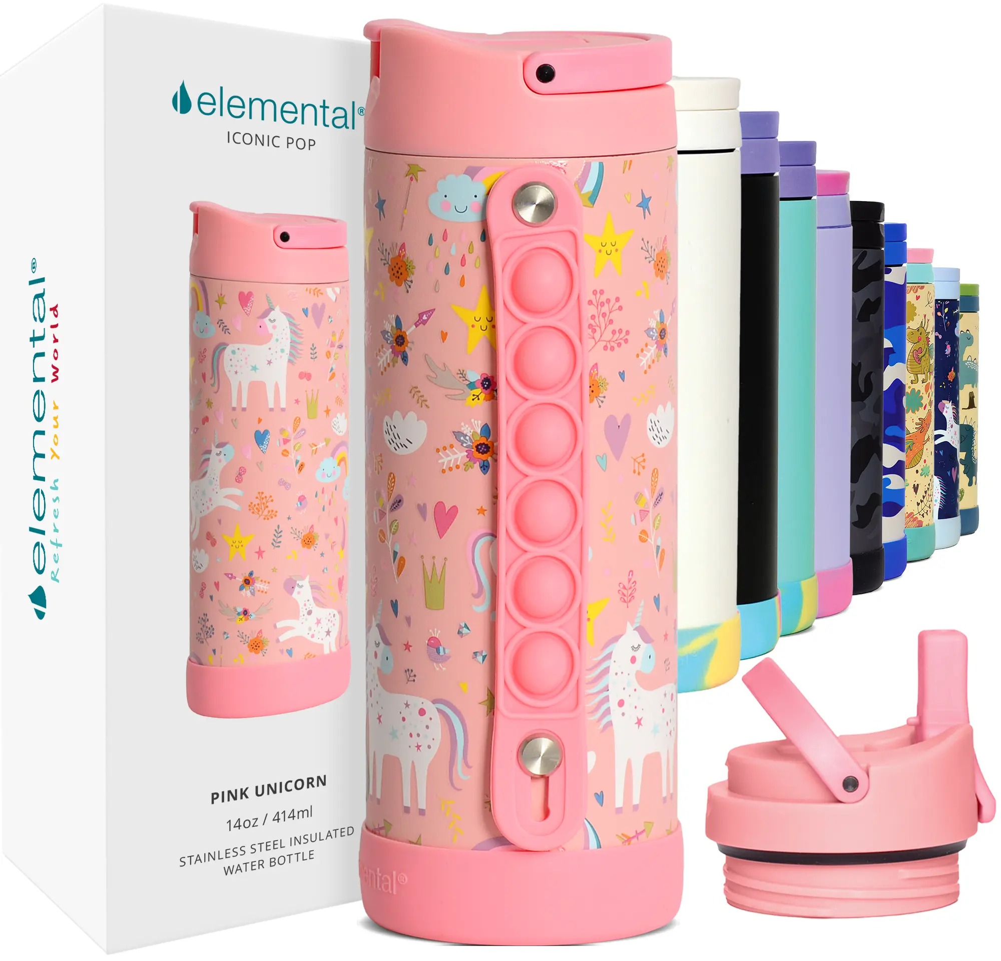 Elemental Iconic Pop Kids 14 & 20 oz Water Bottle Leak-Proof Triple Insulated Pop-It Handle BPA-Free School Travel Gym Drinkware