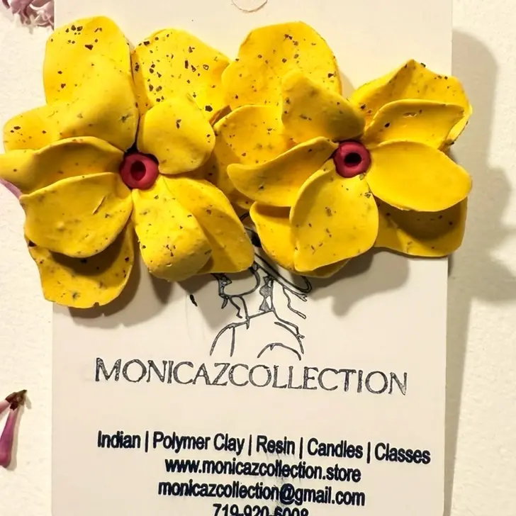 Monicaz Collection Yellow Floral Design Polymer Clay Flower Stud with 14k Gold Plated Hooks Hypoallergenic for Sensitive Skin 585/14K