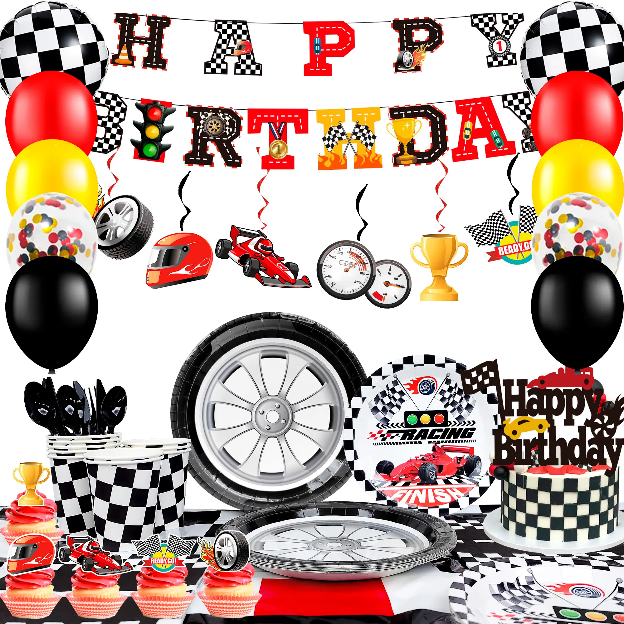 Race Car Birthday Decorations, 117 Pcs Race Car Birthday Party Decorations&Race Car Birthday Party Tableware Set - Race Car Birthday Plates Napkins Balloons Hanging Swirl etc Racing Car Party Supplies for kids