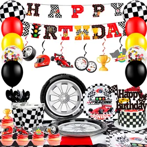 Race Car Birthday Decorations, 117 Pcs Race Car Birthday Party Decorations&Race Car Birthday Party Tableware Set - Race Car Birthday Plates Napkins Balloons Hanging Swirl etc Racing Car Party Supplies for kids
