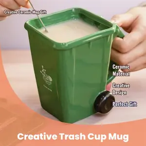 Creative Trash Can Cup with Spoon, Ceramic Drinking Mug, Drinkware, Birthday Gift Idea, Funny Cup for Best Friend, Unique Present, Washable, Beverage, Ceramic Coffee Mug, Ceramic Mugs, Ceramic Cups