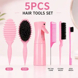 5pcs Kids Curly Hair Brush Set with Continuous Mist Spray Bottle for Wet & Dry Hair, Gentle Detangling & Curl Defining Comb Kit with Rat Tail Comb & Edge Brush, No-Pull Anti-Static Styling Tools for Girls, Toddlers & Sensitive Scalp