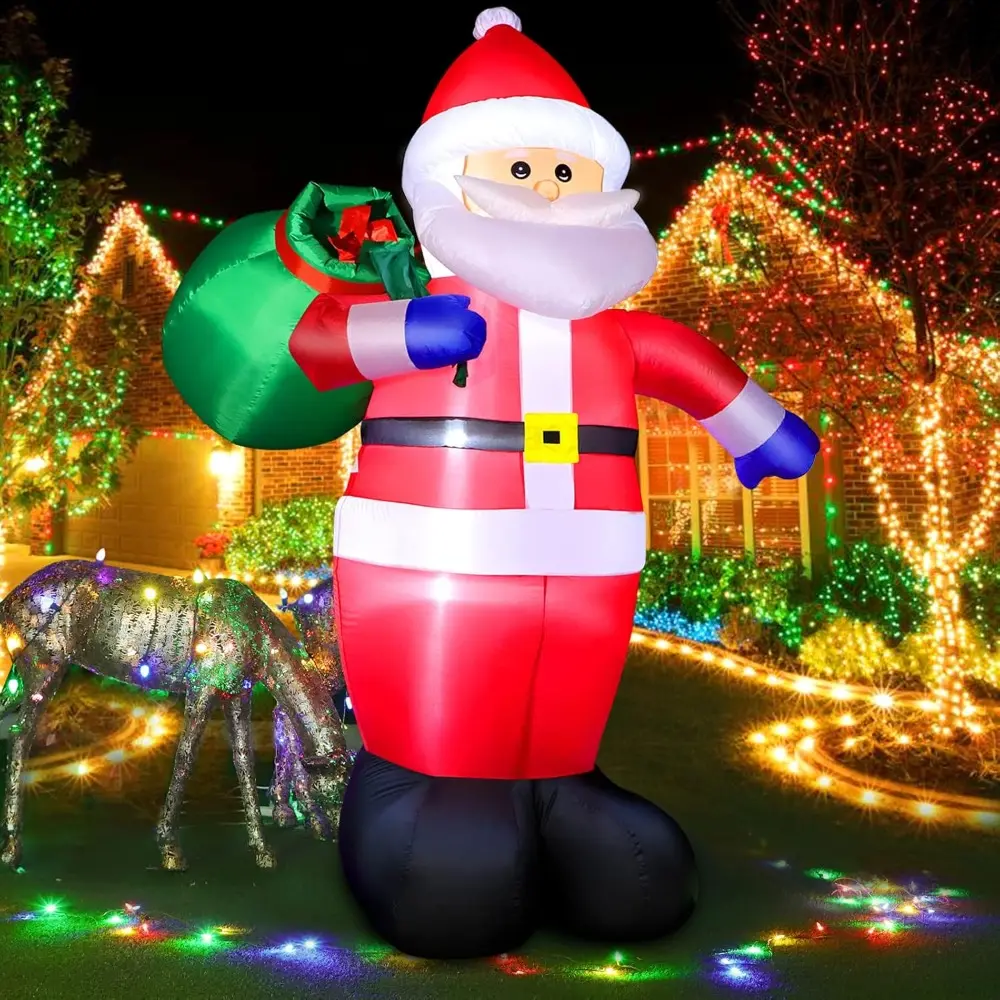 Christmas Inflatable Santa Claus Outdoor Decoration, Blow-up Santa Claus with Gift Bag, Giant Santa Carrying Present Sack, Built-in LED Light, for Front or Back Yard Garden Lawn