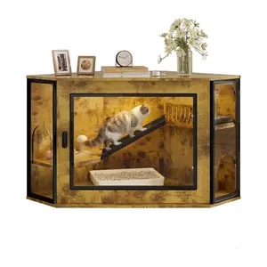 48" Corner Cat Litter Box Enclosure, Modern Hidden Litter Box Corner Cabinet with Acrylic Door and LED Light, Cat House with Playground and Stairs, Grey