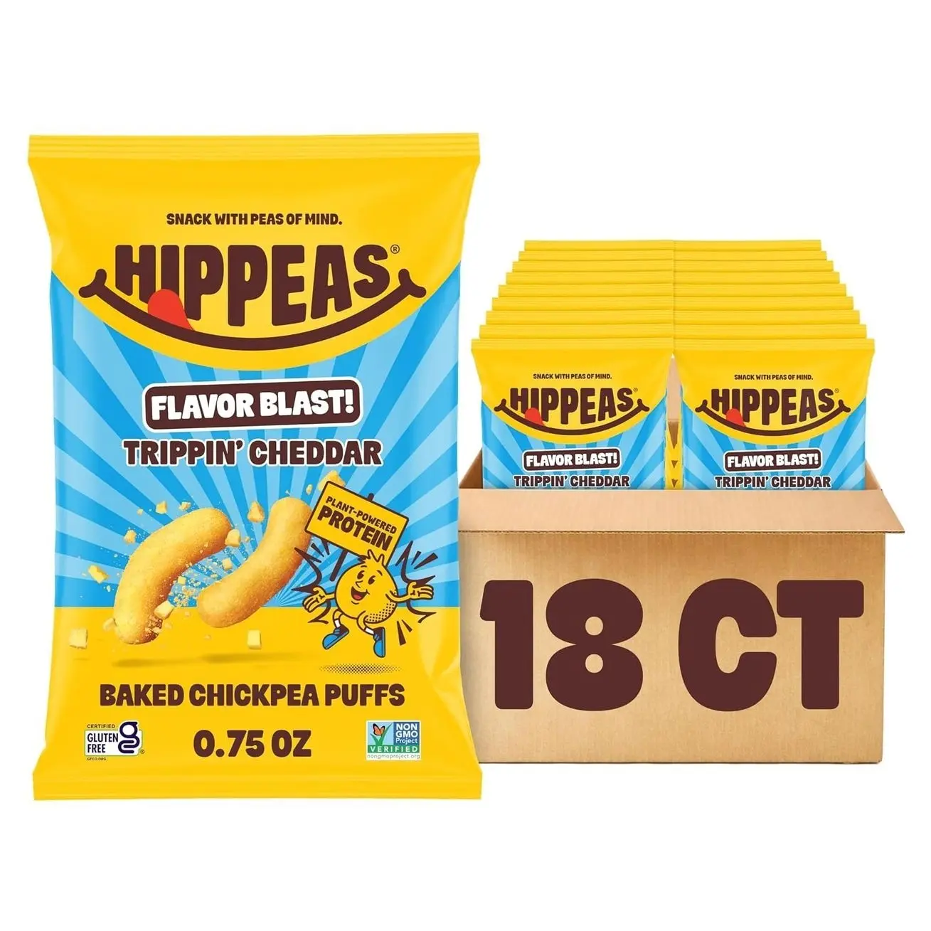 Hippeas Chickpea Puffs, Trippin’ Cheddar, 18 x 0.75 oz Bags, Baked Crunchy Chickpea Snacks with 3g Plant Protein, 2g Fiber & 40% Less Fat, Dairy & Gluten Free, Non-GMO, Top 9 Allergen Free