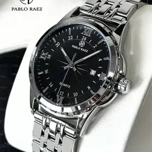 Pablo Raez Men's Vintage Watch Stainless Steel 50m Waterproof Quartz Luminous Calendar Clock Silver Bracelet Chain No Fading Luxury Summer Beach Accessory