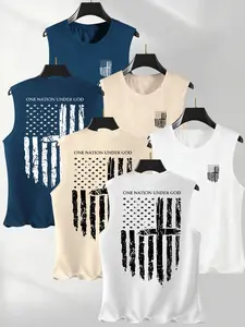 Men's Summer Casual Classic Sleeveless Round Neck Vest, Flag Series Print, Outdoor Sports Wear, Daily Versatile, 3 Pack Set