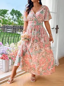 Plus Size Women's Elegant V Neck Dress, Waist Cinched Design, Romantic Style, Perfect for Vacation or Date Night