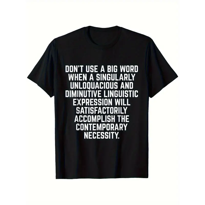 Menswear Round Neck Short-Sleeve Cotton Fabric T-Shirt - "Don't Use Big Words" Funny Writer Humor Tee - Black with White Text, Lightweight Everyday Casual, Machine Washable Top for Writers