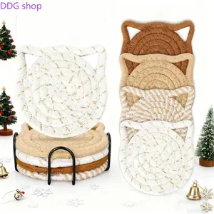 Cat Ear Woven Coaster Set of 4 with Holder, Absorbent Non-slip Drink Coasters, Cute Tabletop Decor for Home Kitchen, Coffee Bar & Dining Room