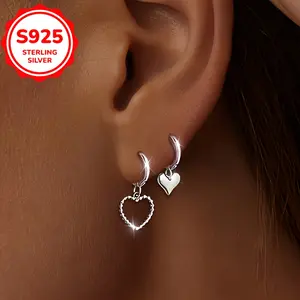 2 fashionable S925 sterling silver heart-shaped pendant earrings - made of low sensitivity material, perfect gift for daily and party wear