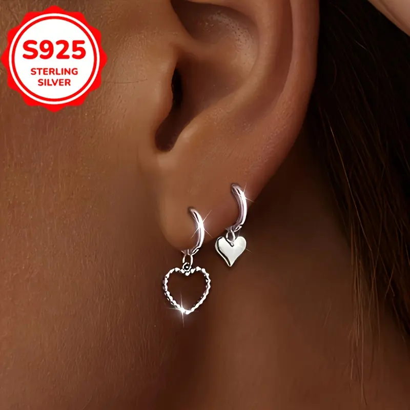 2 fashionable S925 sterling silver heart-shaped pendant earrings - made of low sensitivity material, perfect gift for daily and party wear