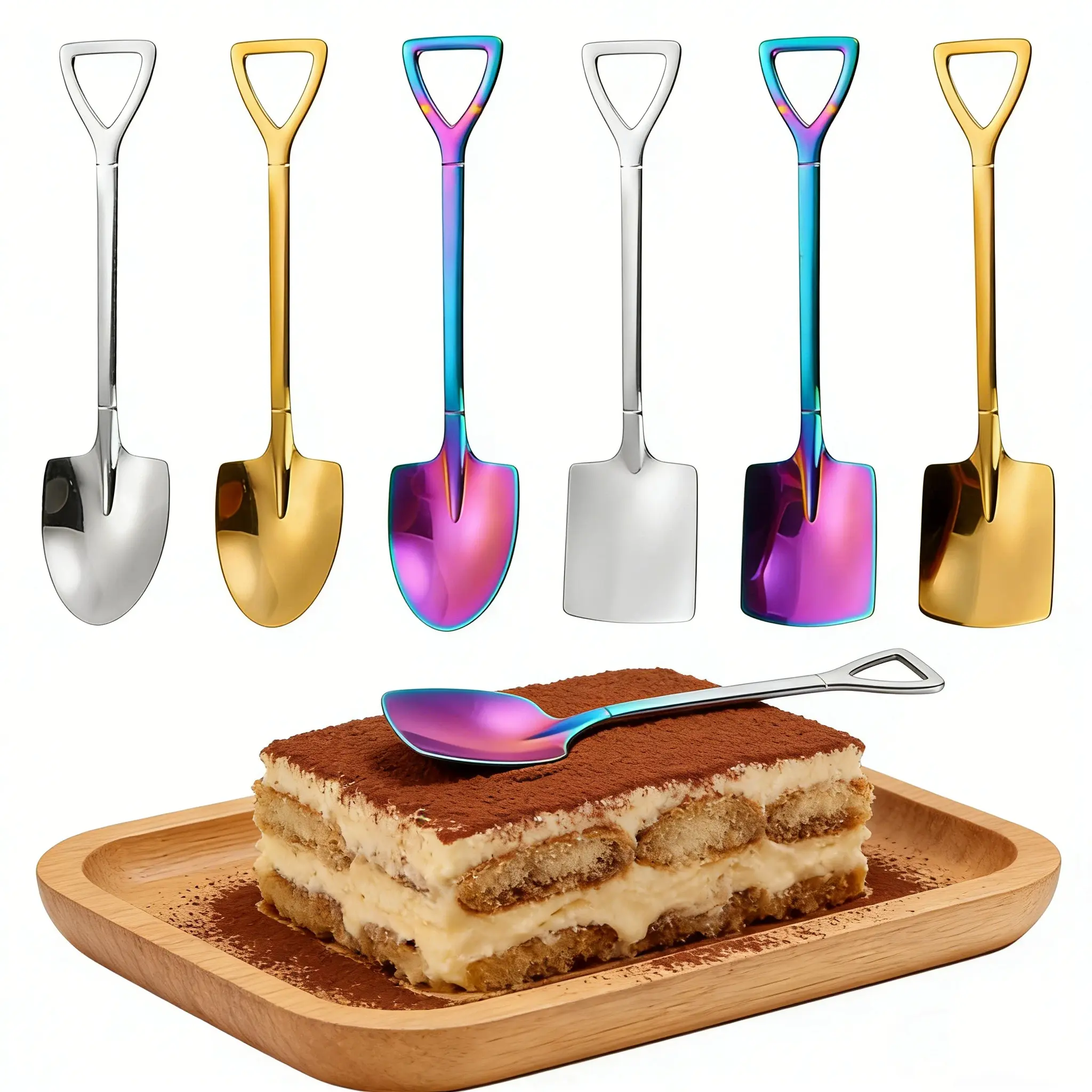6PCS Colorful Shovel Spoon Set, 304 Stainless Steel Dessert Spoons, Mini Square & Pointed Cutlery, Aesthetic Tableware for Ice Cream, Coffee & Kids Use, Hanging Design,Cute Table Setup