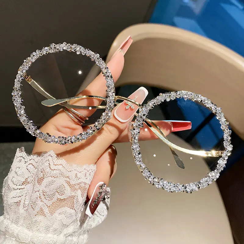 Sunglasses Eyewear Sun Shades Viral Trendy Rhinestone Shades European Street Style Fashion Eyewear Metal Round Frame Diamond Inlaid Luxury Face Slimming Shades Retro Round Metal Rhinestone Glasses For Women High End Elegant