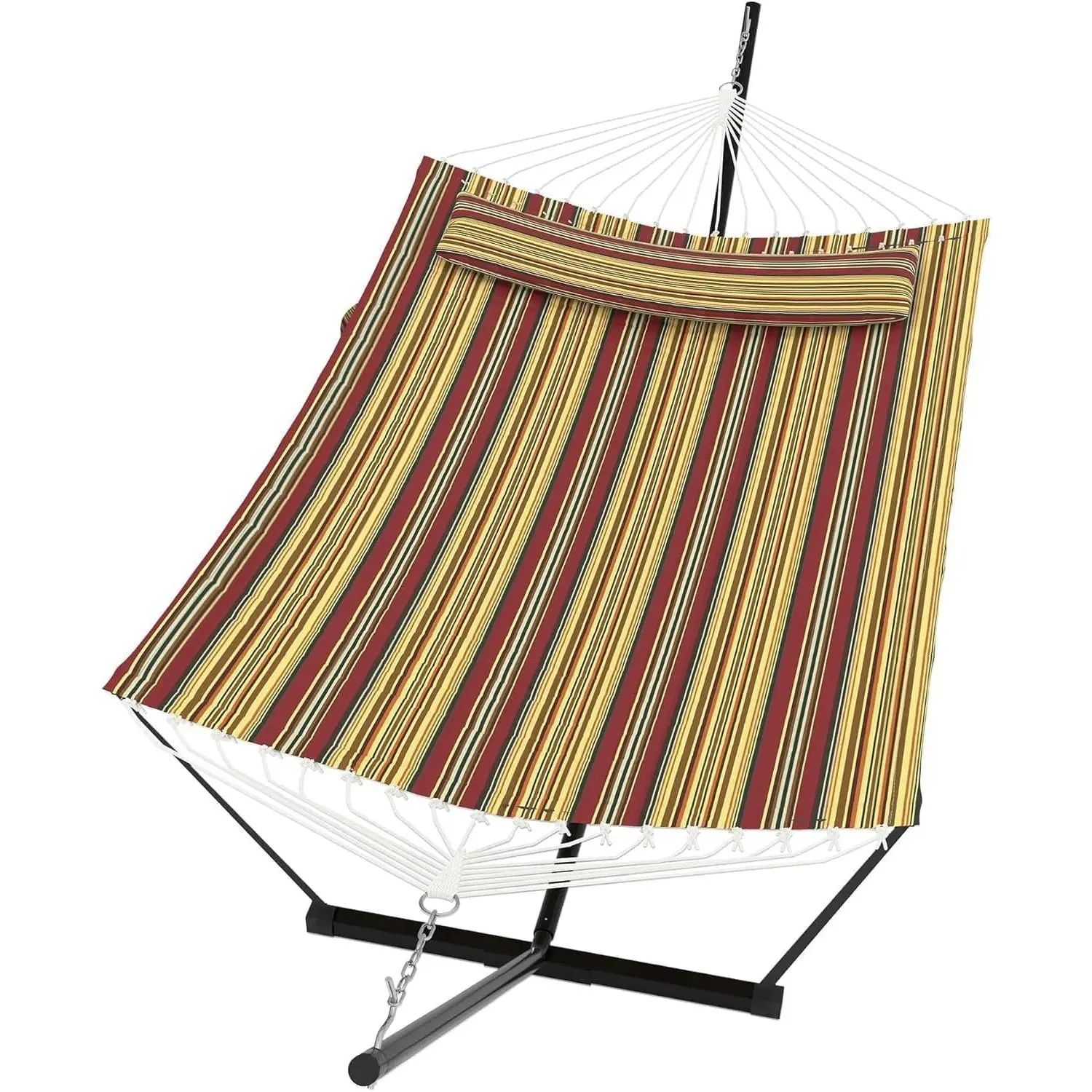 2 Person Hammock with Stand for Outside, Double Hammock with Stand and Pillow, Max 450 Lbs Capacity with Balance Rope,Red Yellow