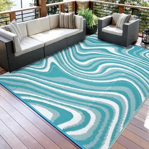 Outdoor Camping Rug Neutral Striped Plastic Grass Woven Rug Double-Sided Reversible Waterproof Modern Abstract Style for Patios Balconies Beaches RVs Terraces and Gardens