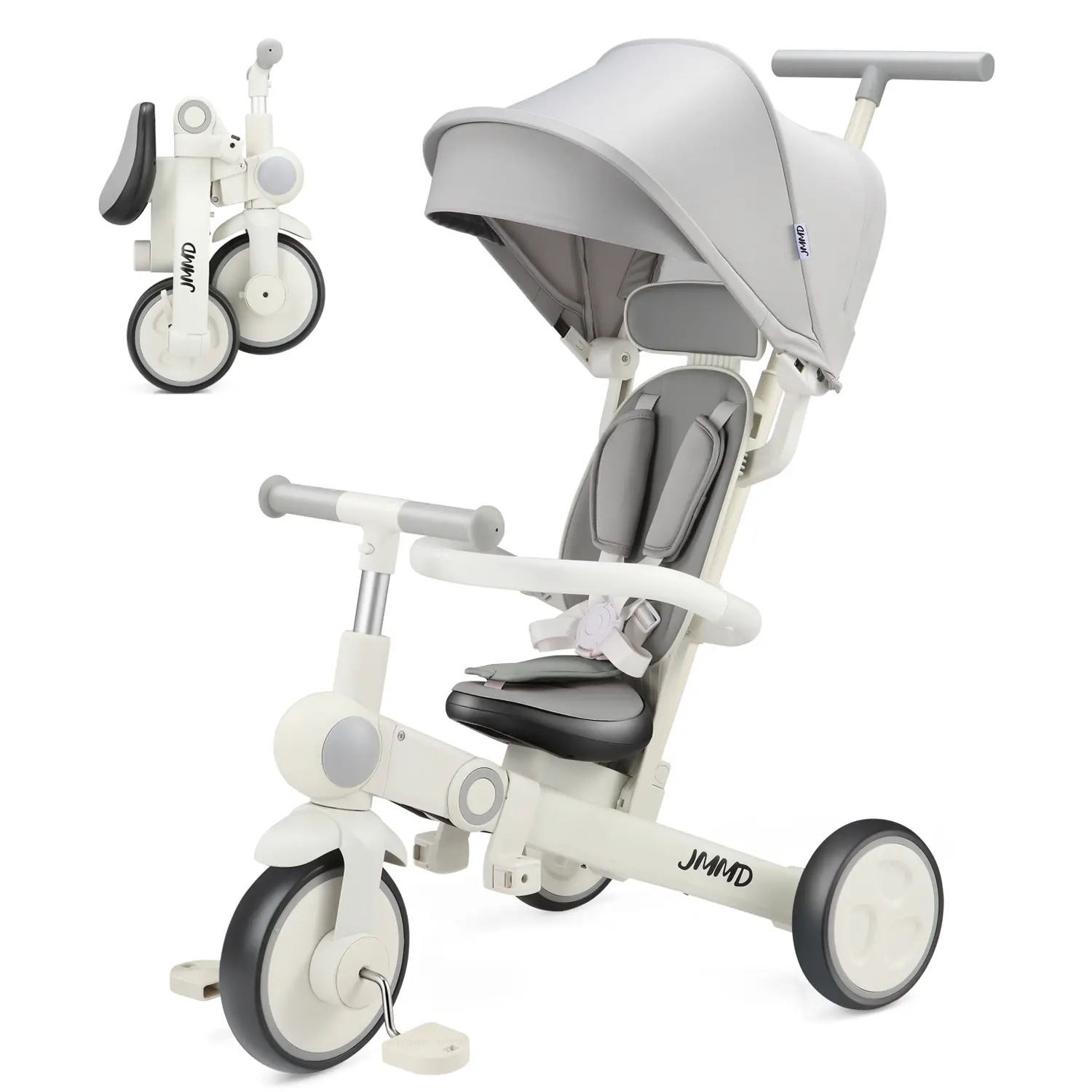 JMMD 7-in-1 Grow-With-Me Trike Toddler Stroller - Height-Adjustable Parent Handlebar, Detachable Canopy, Dual Brakes, EVA Wheels, Safety Harness, Lightweight Design, PU Elements - Gross Motor Play Christmas Gift for 18 Months-5 Years