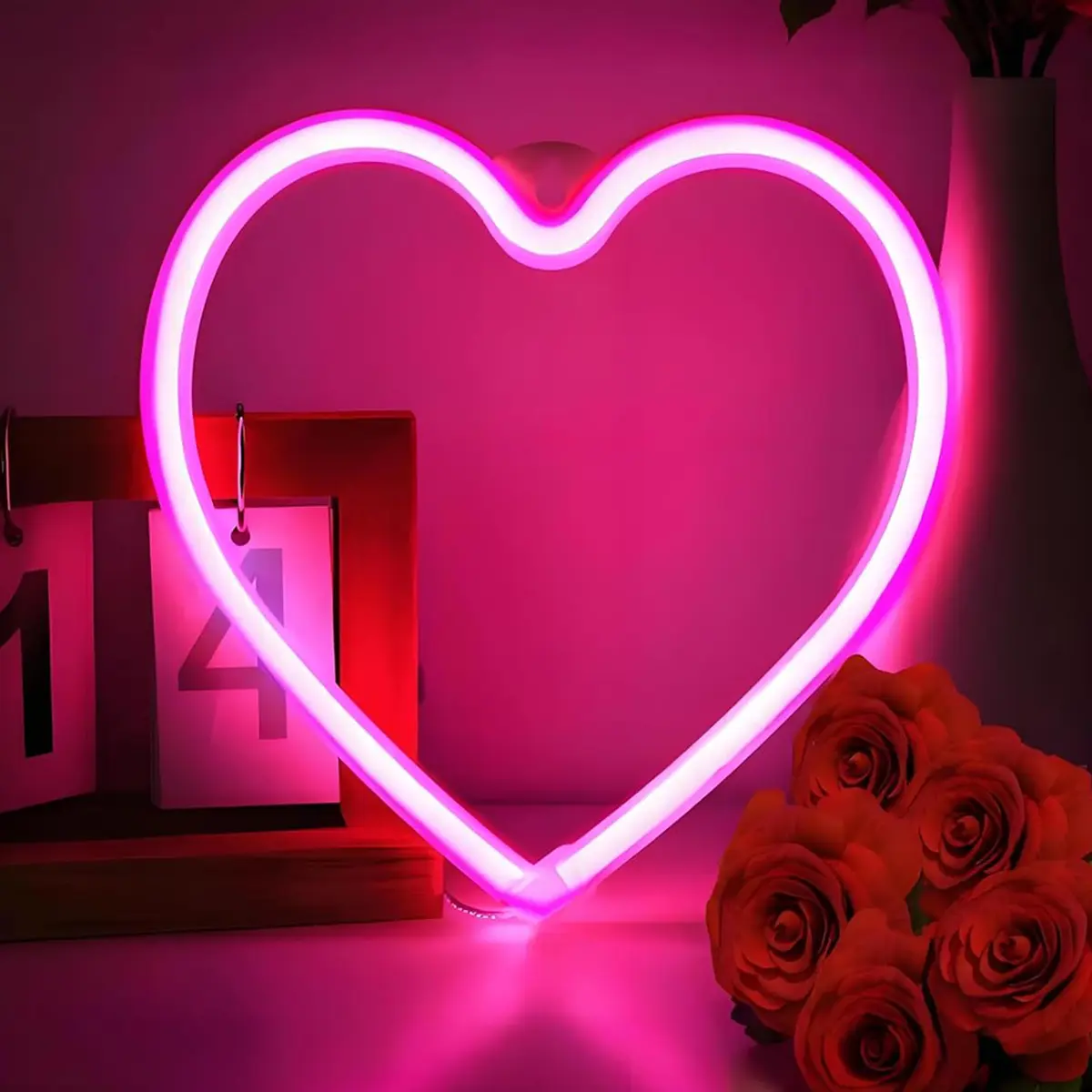 Pink Heart Neon Sign, Battery Operated or USB Powered LED Neon Light for Party, Cute Valentine's Day Decor and Gift Home Decoration Lamp, Table & Wall Decoration Light, Mother's Day Gift and Kids Gift