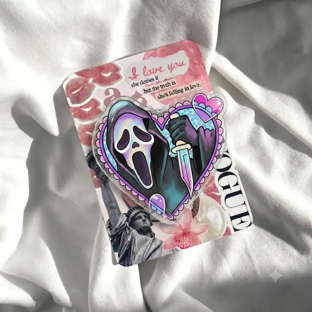 Creepy Cute Masked Phone Grip, Pastel Heart Acrylic Holder, Spooky Horror Phone Accessory, Dark Coquette Gift for Her, Readers and Horror Lovers