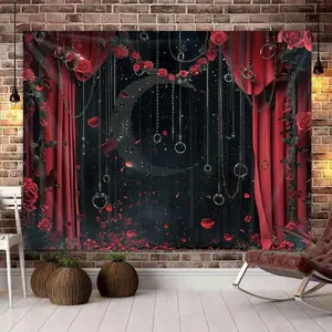 Rose & Tassel Pattern Curtain Tapestry, Creative Black Background Red Curtain Tapestry, Suitable for Bedroom, Living Room, Party, Photography Decoration Background