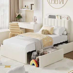 Twin XL Size Bed Frame for Kids with Storage Drawers and Bookcase Headboard Boucle Platform Bed Noise Free No Box Spring Needed Beige