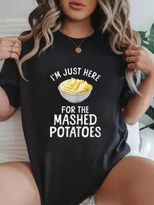 100% cotton Funny Mashed Potato Art For Men Women Food Mash Thanksgiving Printed T-shirt, Short-sleeved Crew Neck Casual Top, Suitable For All Seasons, Women's Wear