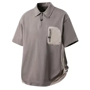 Japanese workwear-style half-zip polo shirt made from breathable ice-feel fabric, loose silhouette, short sleeves; unisex design for summer, versatile casual top with functional pocket design for everyday wear.