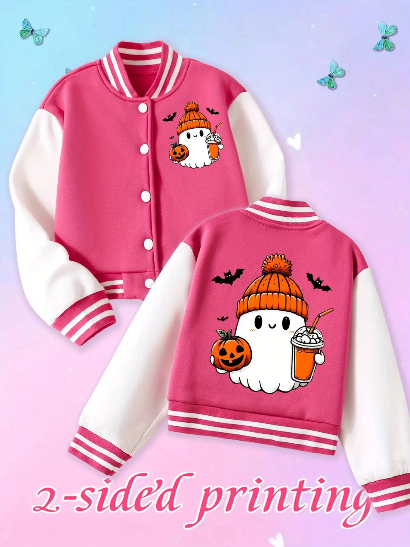 Girls' Halloween Print Baseball Jacket, Cute Pumpkin Ghost Design, Elastic Fabric, Perfect for Fall & Winter Parties, Button Front Jacket