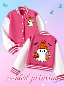 girls' halloween print baseball jacket, cute pumpkin ghost design, elastic fabric, perfect for fall & winter parties, button front jacket