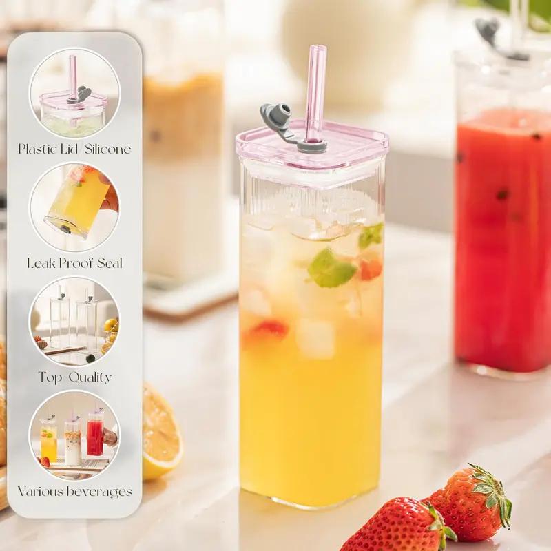 8 Sets Square Ribbed Glass Cups with Lids & Straws, Durable Clear Highball Tumblers, Modern Barware Drinkware for Cocktail Coffee Juice Beer, Home Bar Entertaining & Daily Use & Valentine's Day Gift