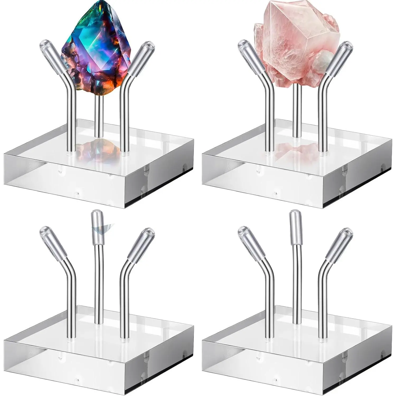 4 Pack Clear Acrylic Display Stand, Metal 3 Peg Rock Display Easel Stands for Fossil Coral Crystal Geodes Rock Mineral Agate Small Collectibles Acrylic Holder(2"x2"x2",Silver)