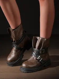 Women's Vintage Boots Fall Winter Belt Buckle Thick Sole Short Boot British Style Chunky Heel Motorcycle Boot Western Boot Trendy