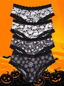 Morvia 4pcs Sexy Cute Gothic Halloween Contrast Lace Hipster Panties, Allover Print Comfy Intimates Briefs Panties, Women's Underwear & Lingerie, Womenswear