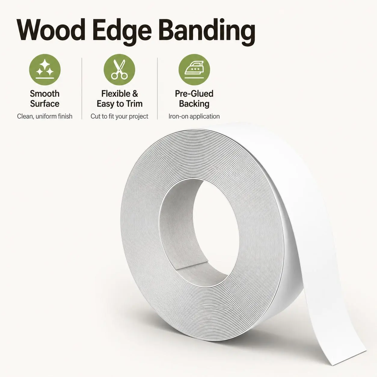 Solid Wood Edge Banding Tape - White, 3/4 inch x 25 ft roll, pre-coated, durable and flexible, suitable for adult woodworking cabinet repairs, desk refurbishments, and home improvement sealing strips. Featured product. Adhesive kitchen wallpaper